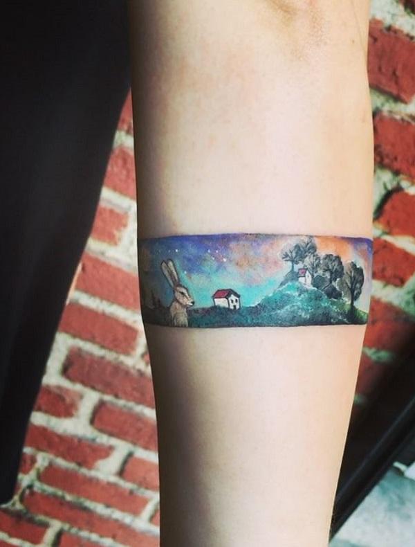 Cartoon landscape armband tattoo