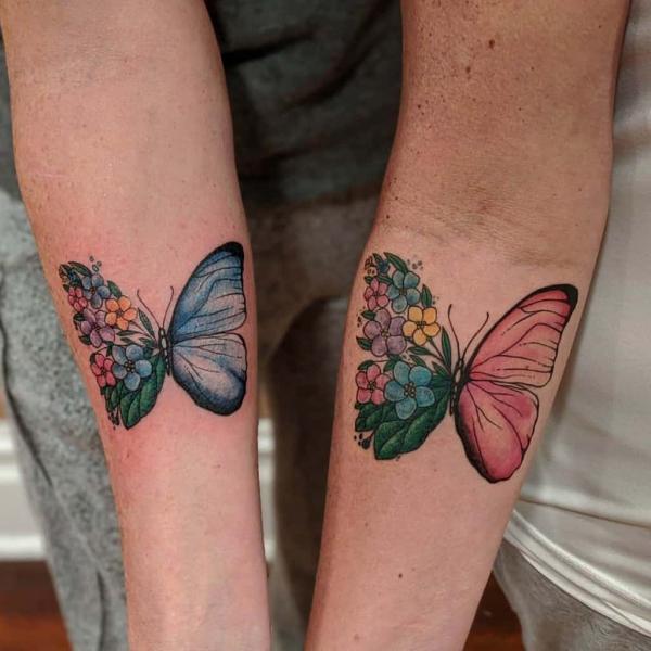 Flower and butterfly sister tattoo