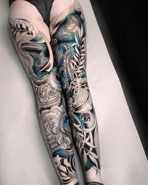 Japanese style octopus and peony tattoo on leg