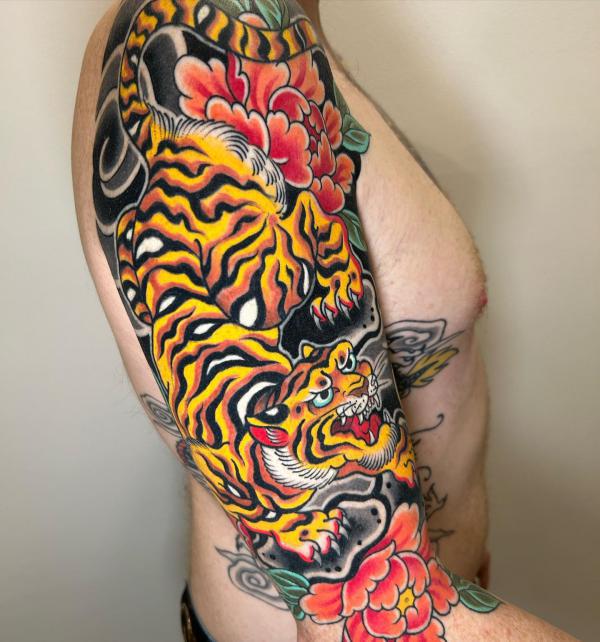 Japanese yellow tiger and red peonies