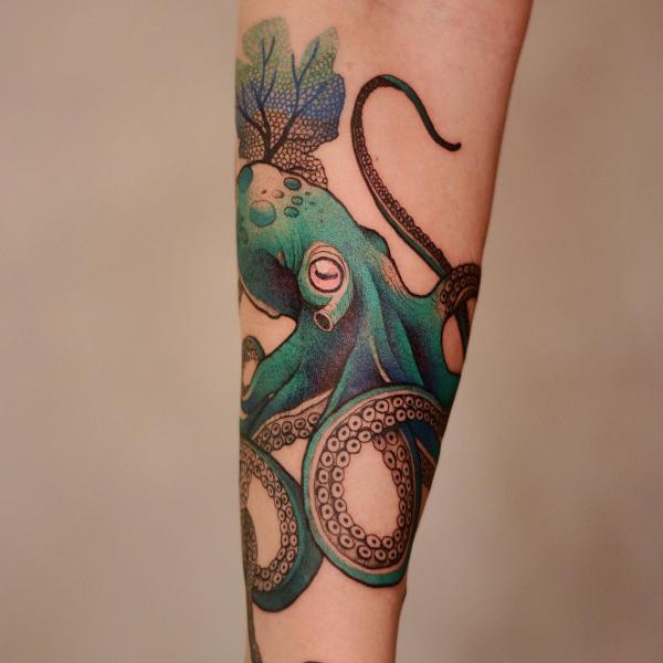 Neo traditional octopus forearm tattoo