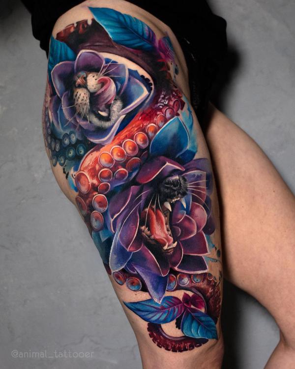 Octopus and flower thigh tattoo