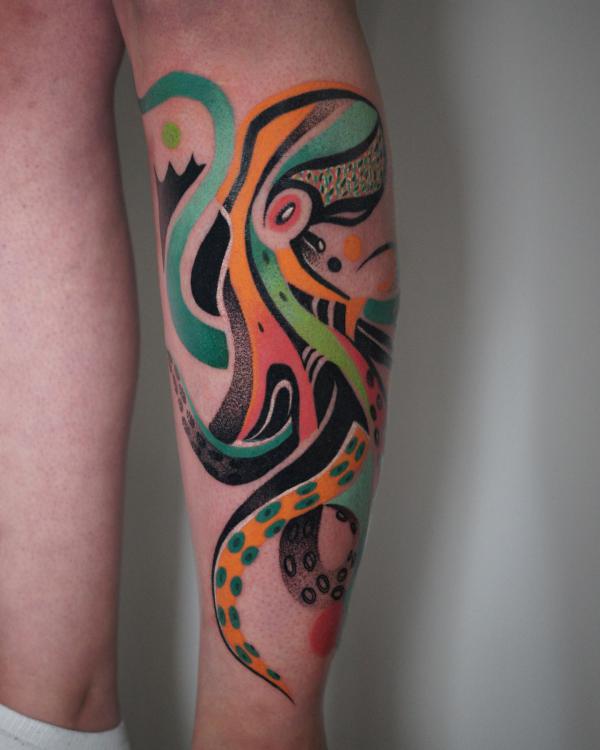 Octopus illustration tattoo on lower leg
