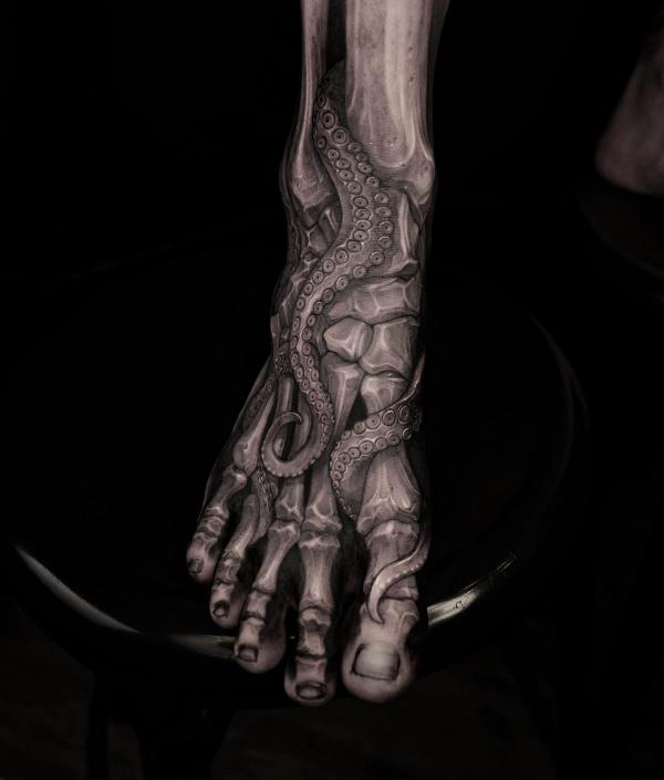 Octopus skeleton foot tattoo