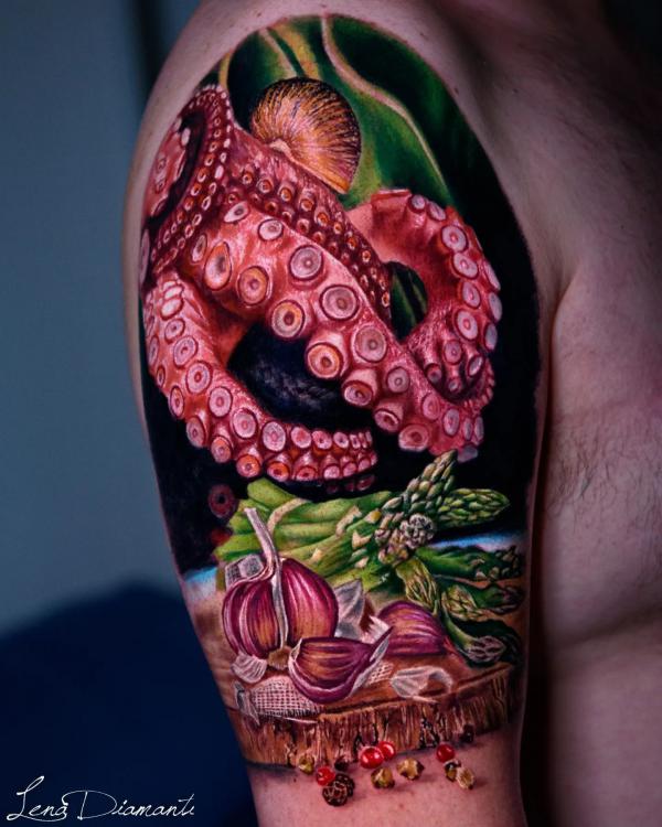 Realistic octopus and vegetable half sleeve tattoo
