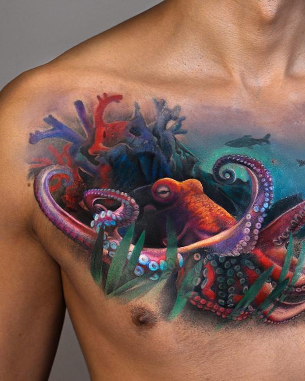 Realistic octopus chest tattoo