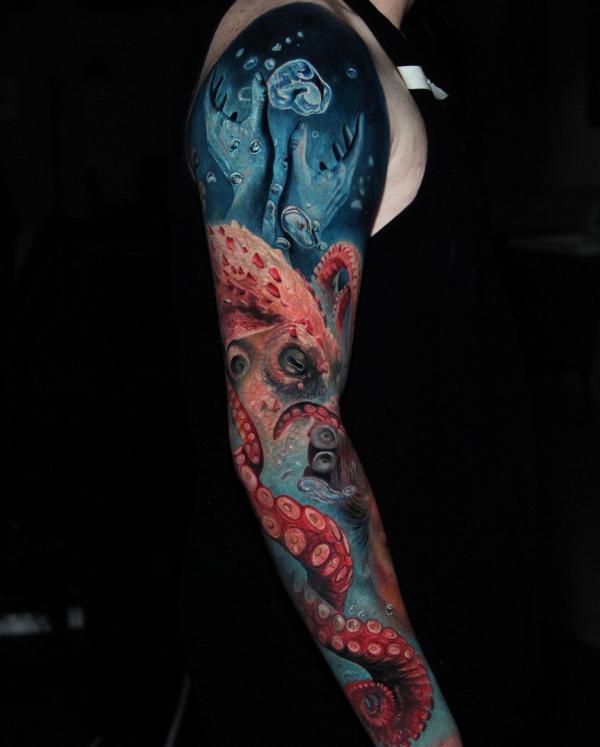 Realistic octopus full sleeve tattoo