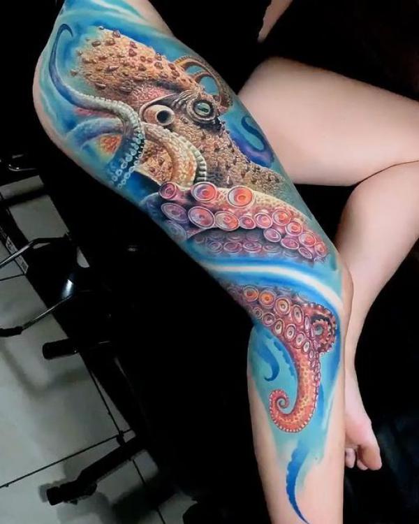Realistic octopus leg tattoo sleeve