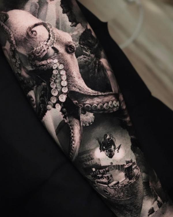 Realistic octopus scuba diver and shipwreck tattoo