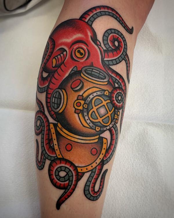 Traditional octopus and scuba diver tattoo