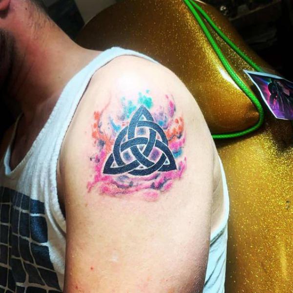 Watercolor Trinity shoulder tattoo