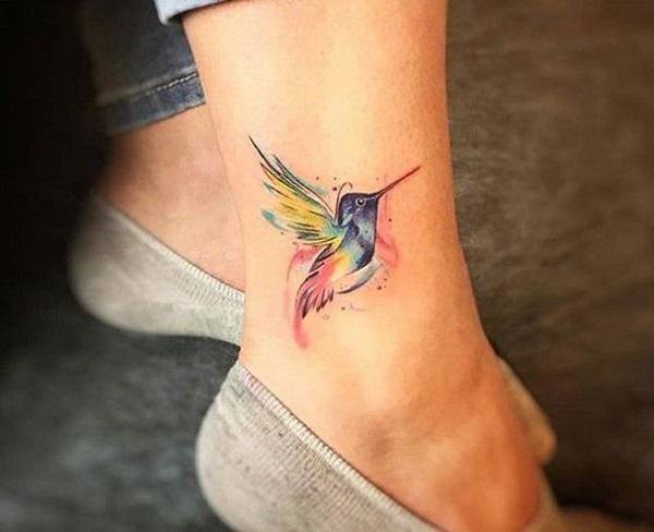 Watercolor hummingbird ankle tattoo design