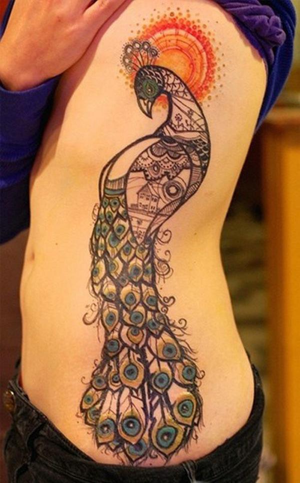 Peacock Side Tattoo for women