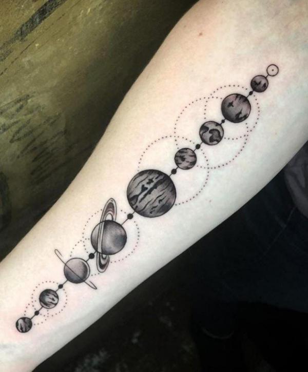 Blackwork solar system tattoo forearm