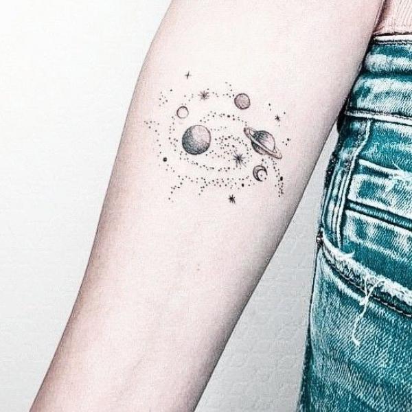 Circular solar system dotwork tattoo