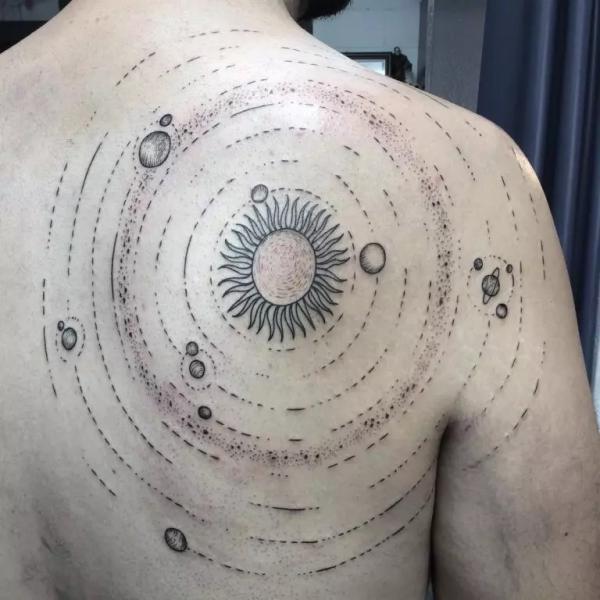 Circular solar system tattoo on back
