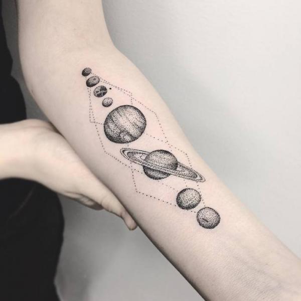 Dotwork solar system forearm tattoo