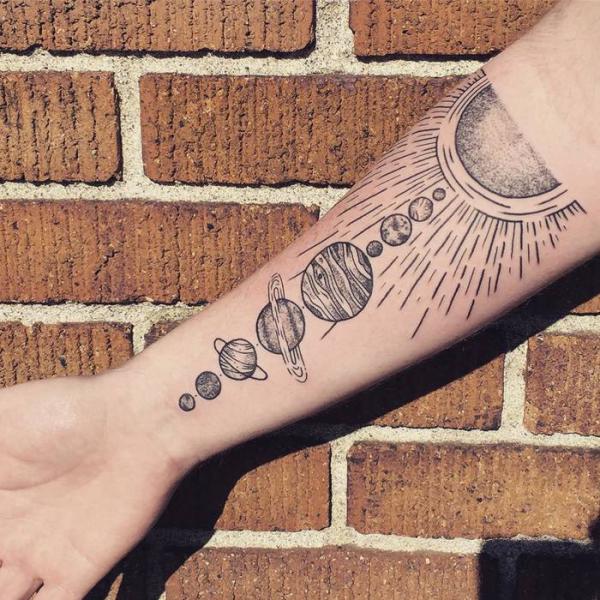 Half sun solar system tattoo black and white
