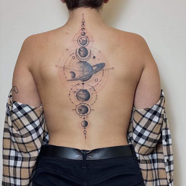 Solar System spine tattoo black and grey