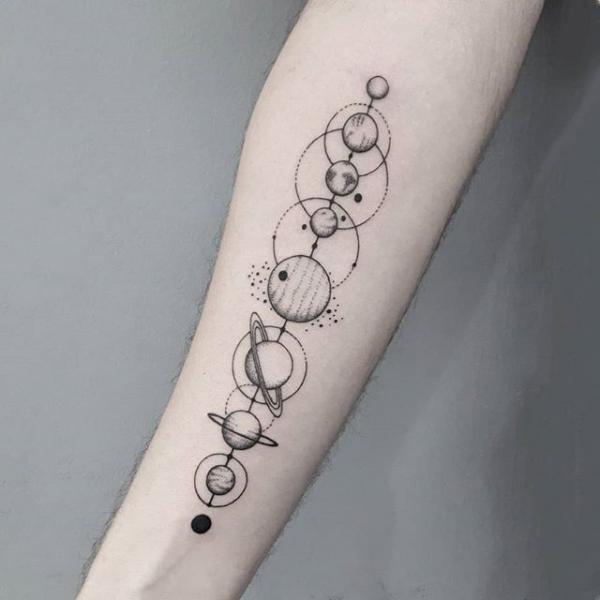 Solar system line work forearm tattoo