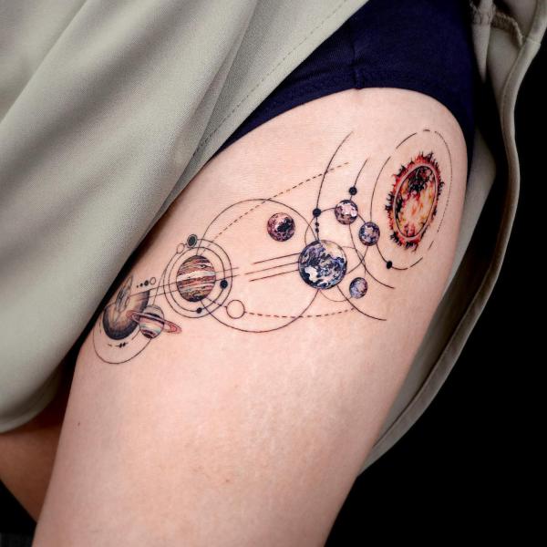 Solar system with circular orbits tattoo on thigh
