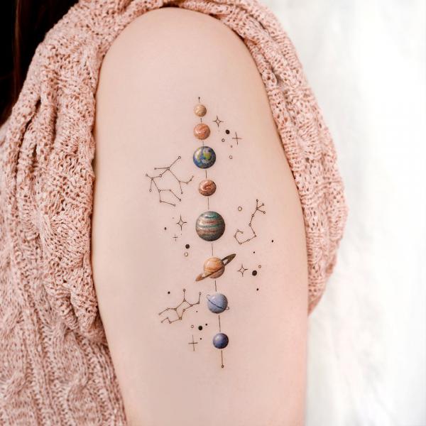 Solar system and constellation map tattoo