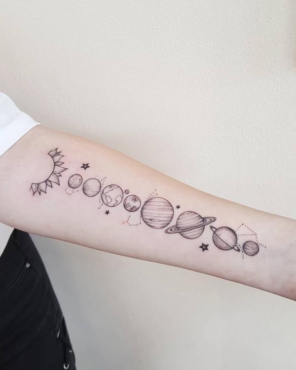 Sun and stars solar system and constellation map tattoo