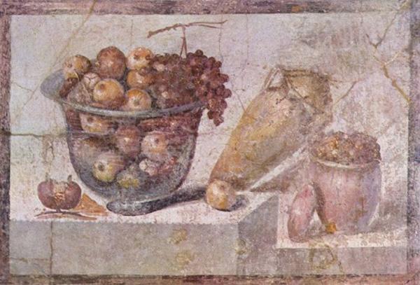 'Transparent bowl of fruit and vases' (c.70 CE)Pompeii