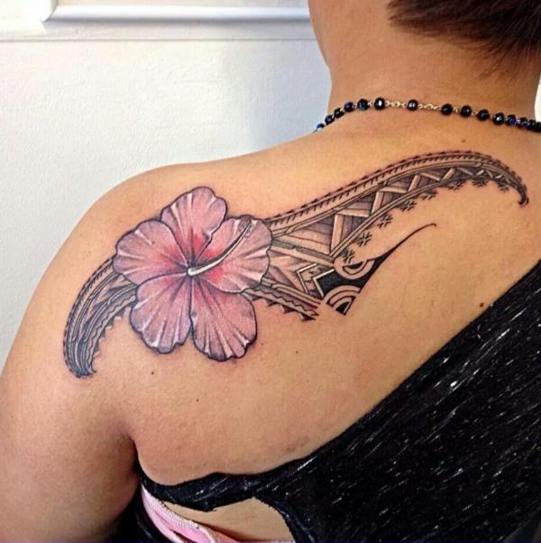 Tribal Hibiscus shoulder tattoo for women