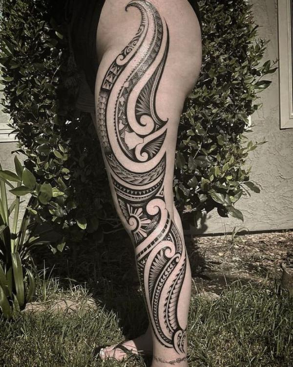 Tribal leg tattoo sleeve for women