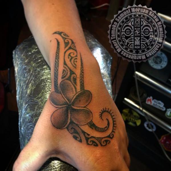 Tribal plumeria thenar web space tattoo