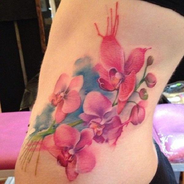 Watercolor pink orchid On the rib