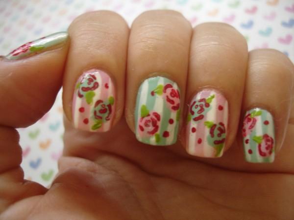 Vintage flowers and polka dots on stripe gingham