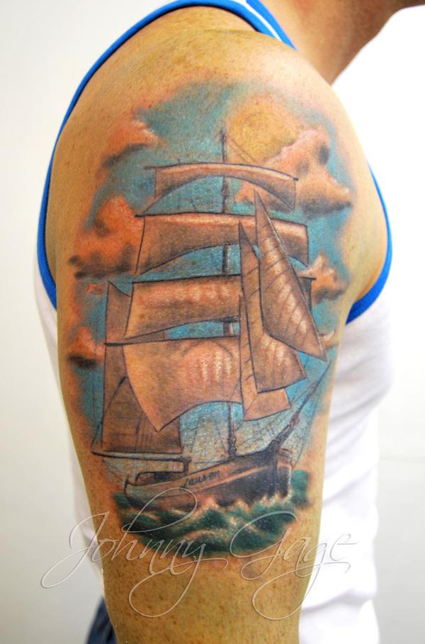 Colorful Ship quarter sleeve Tattoo