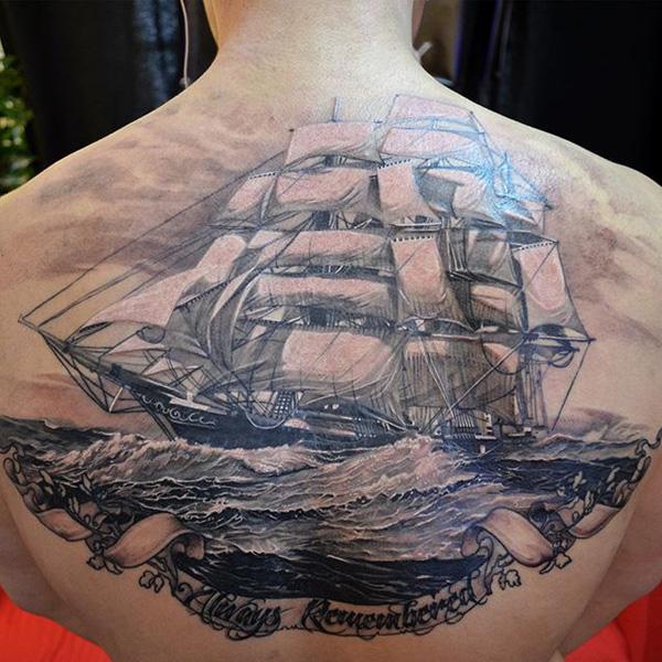 Tall ship back tattoo black and grey