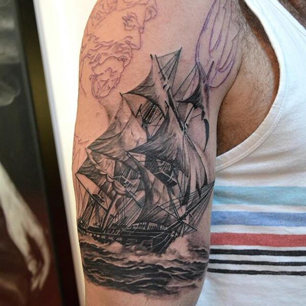 Poseidon and Boat Sleeve Tattoo