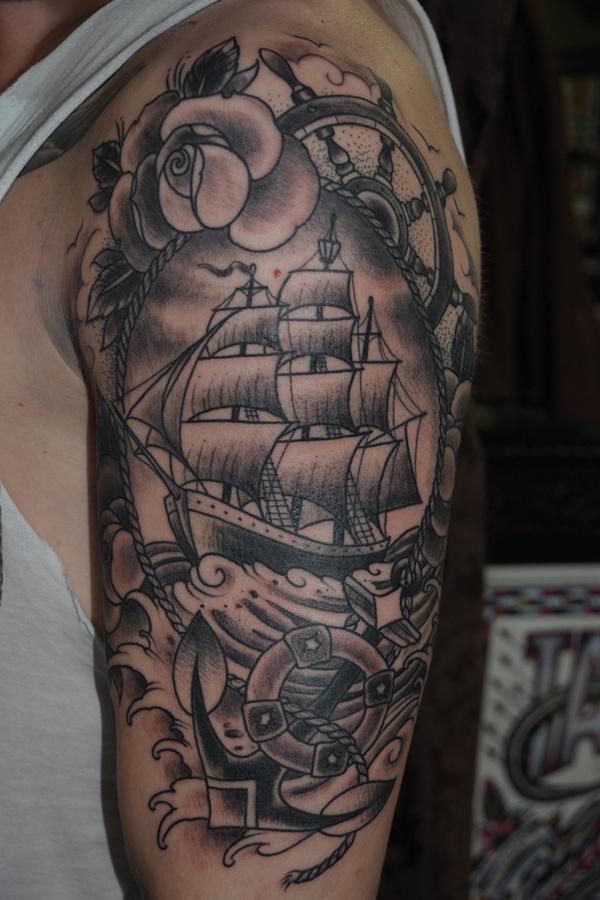 Sailboat and anchor tattoo black and grey