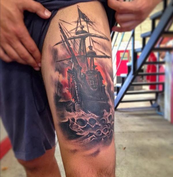 Black boat thigh Tattoo
