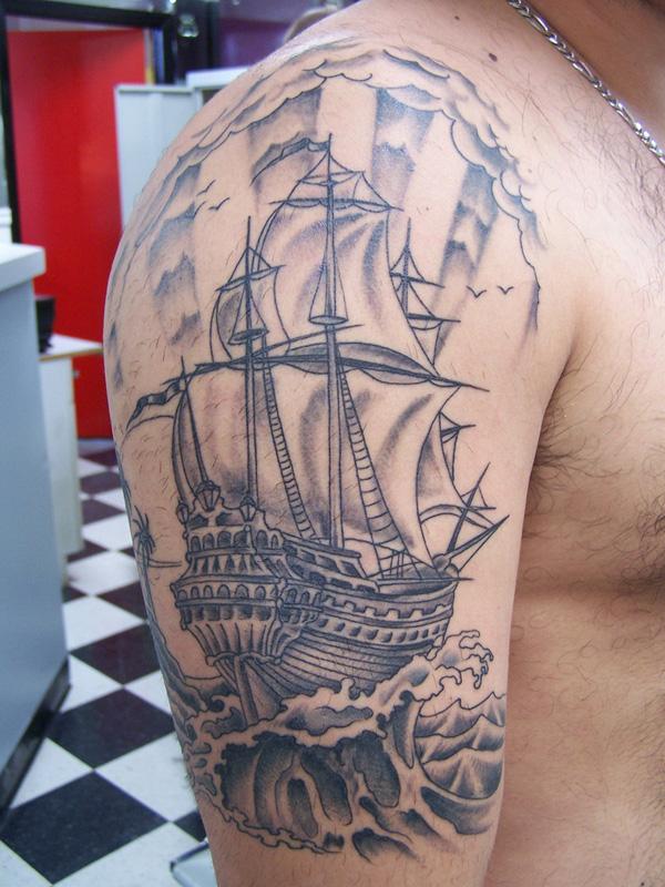 Black and white ship tattoo sleeve for men