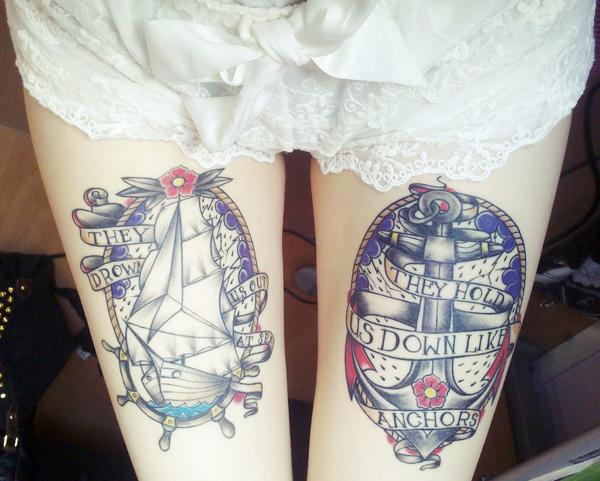 Sailboat and anchor thigh Tattoo with quotes