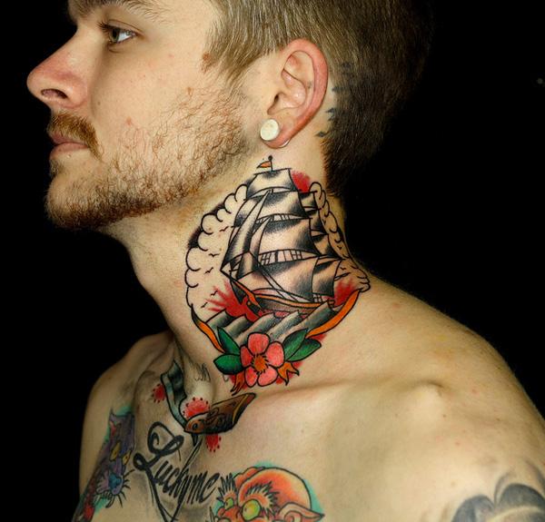 American traditional Ship tattoo on neck