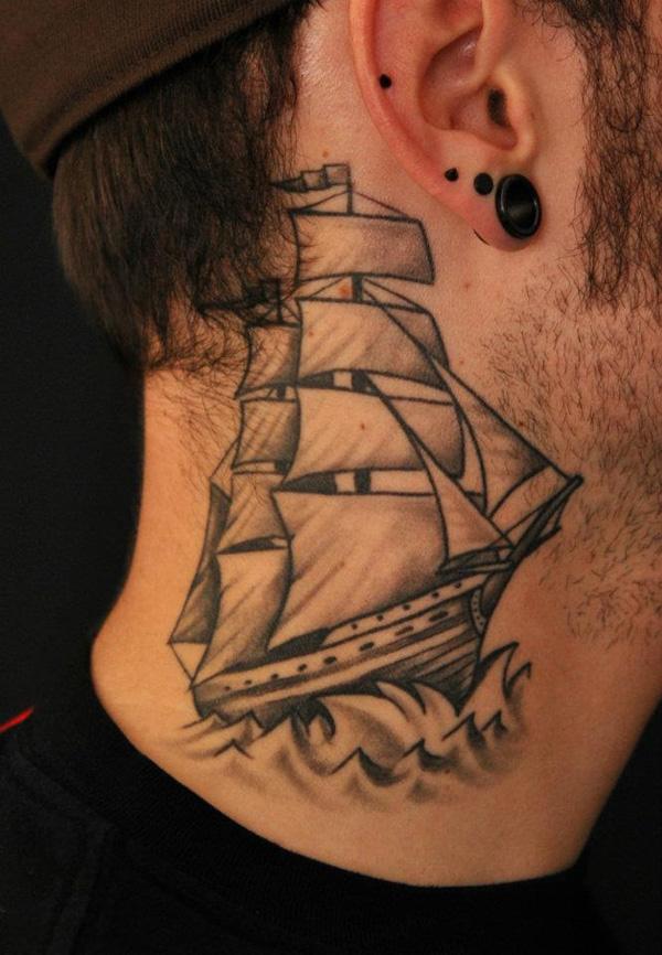 Simple sail boat neck tattoo 