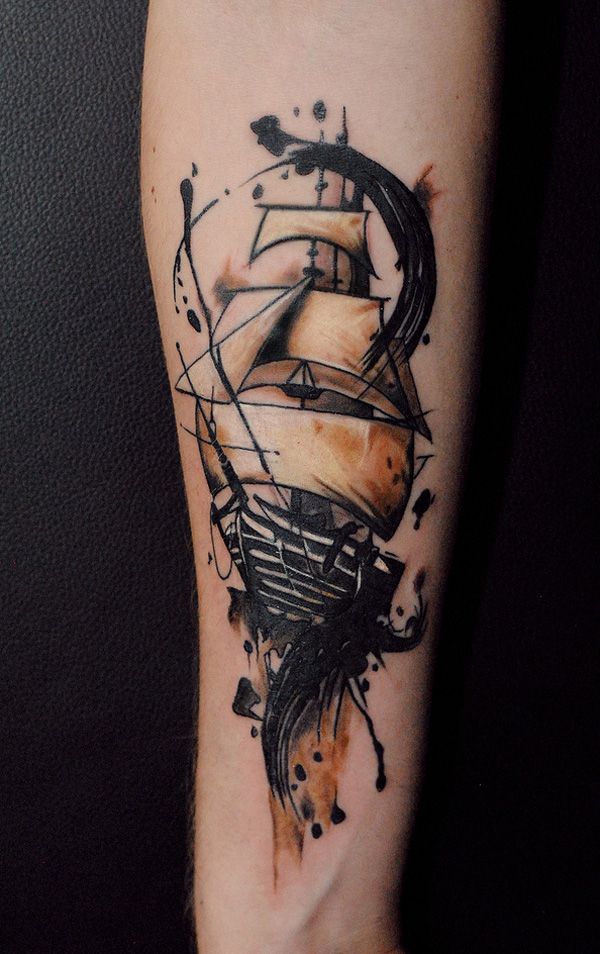 Black ink watercolor Boat forearm Tattoo