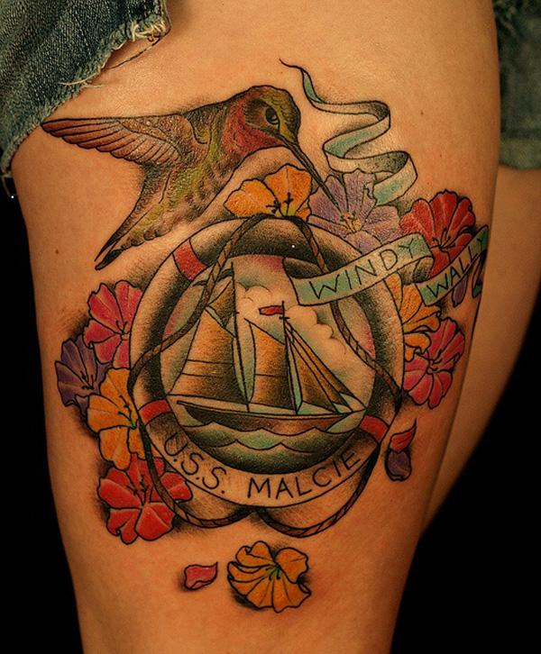 Boat and Bird Tattoo on upper arm