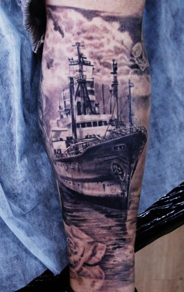 Cruise ship tattoo on forearm