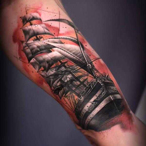 Realistic tall ship on watercolor backdrop