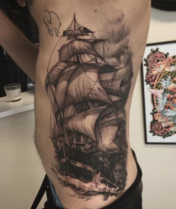 Tall ship side tattoo for men