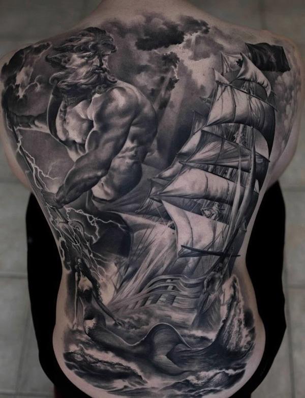 Realistic Poseidon and Boat full back tattoo