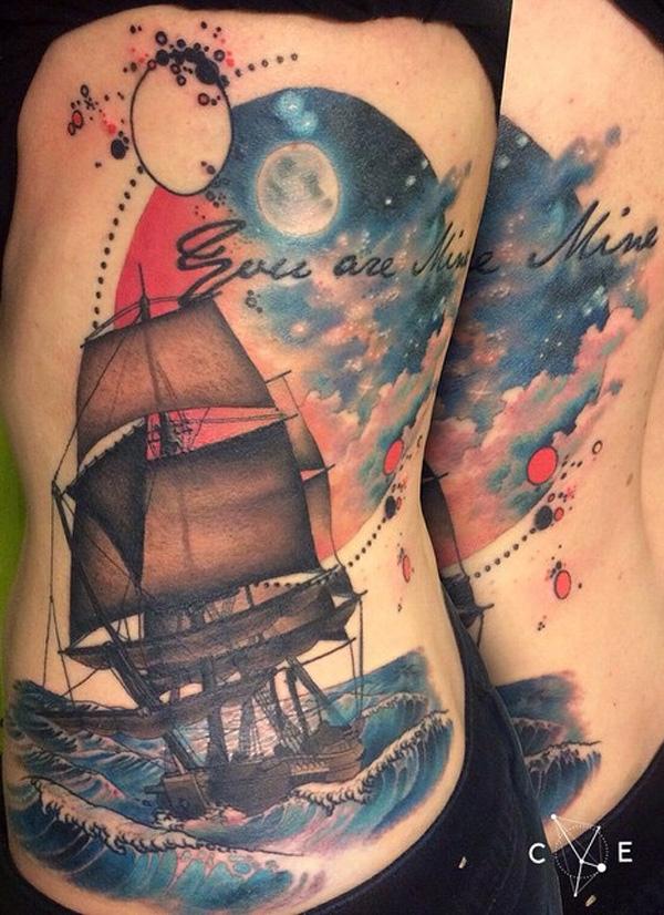 Colorful boat side tattoo