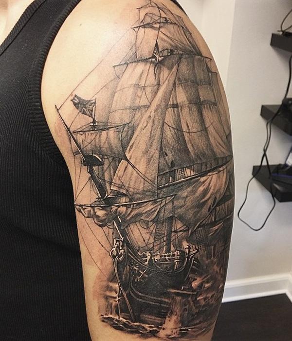 Black and grey boat sleeve tattoo for men